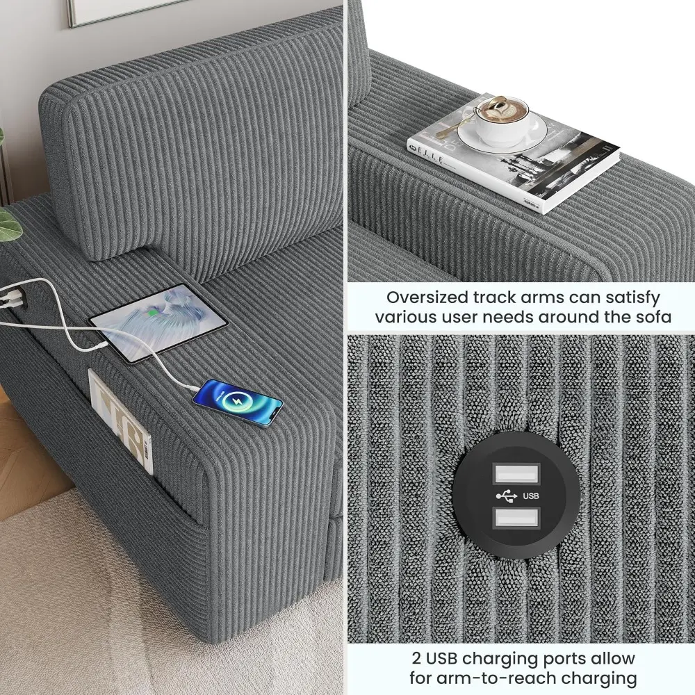 modern corduroy sofa with detachable cover, usb charging ports, and side storage pockets for living room