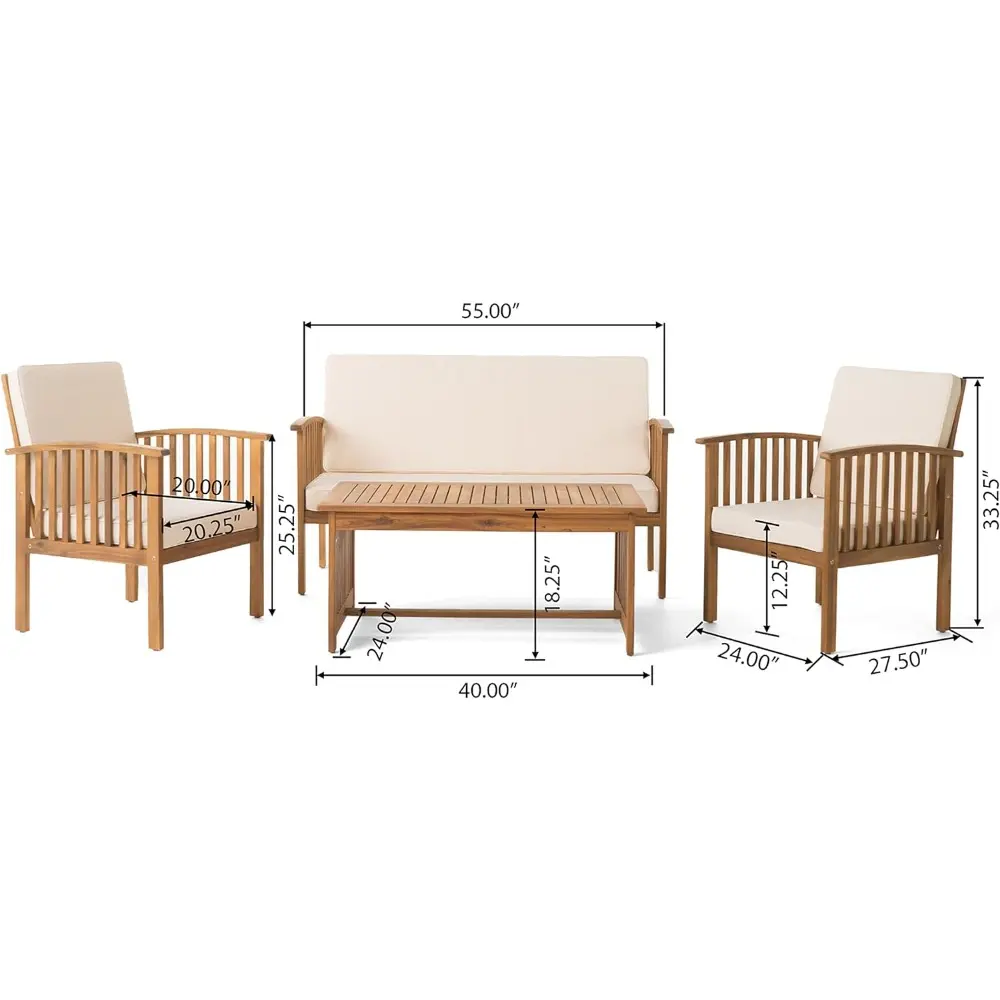 brown patina acacia outdoor sofa set with cream cushions, 4-piece
