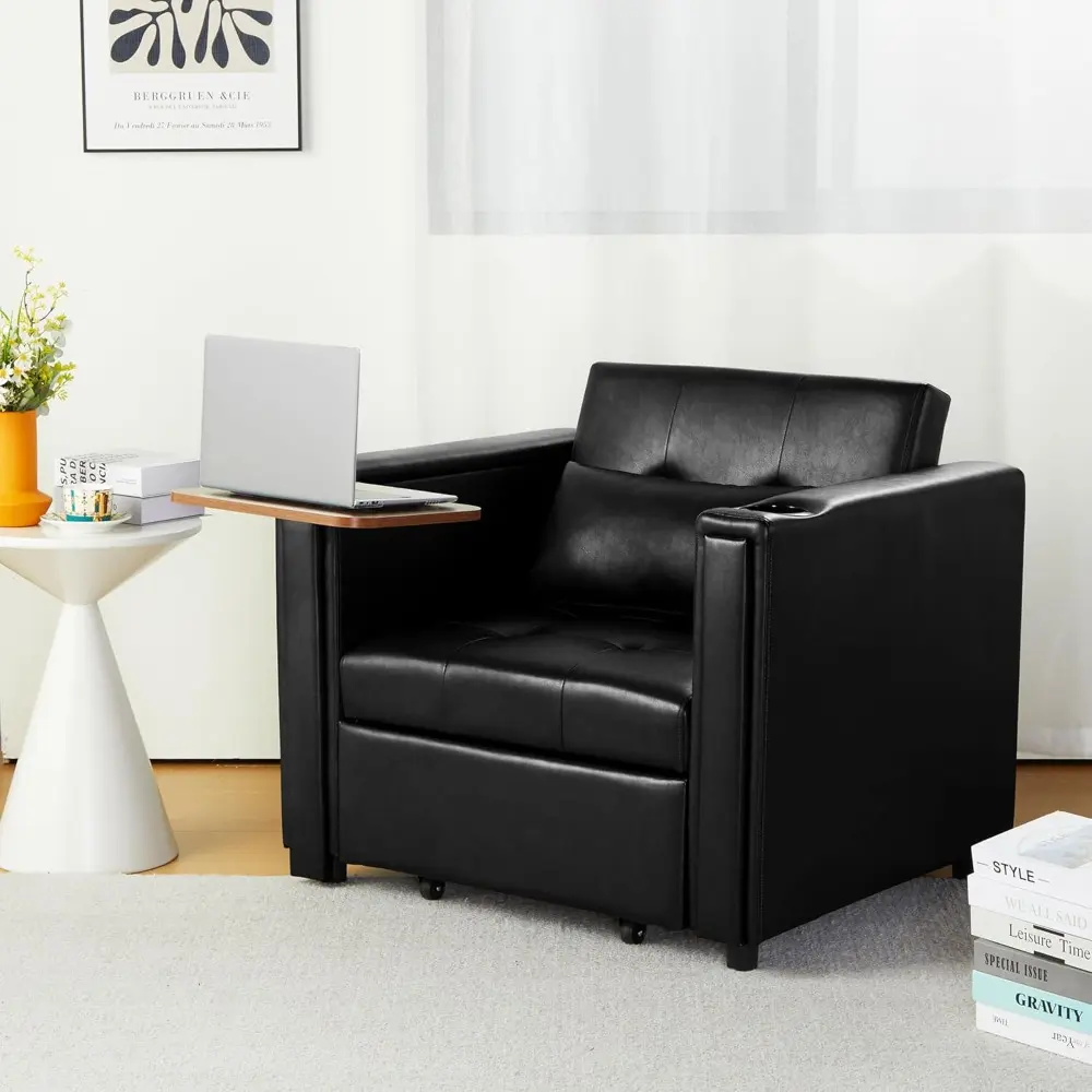 multi-functional faux leather sleeper sofa with adjustable backrest and pull-out couch bed