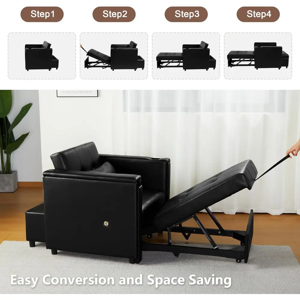 multi-functional faux leather sleeper sofa with adjustable backrest and pull-out couch bed