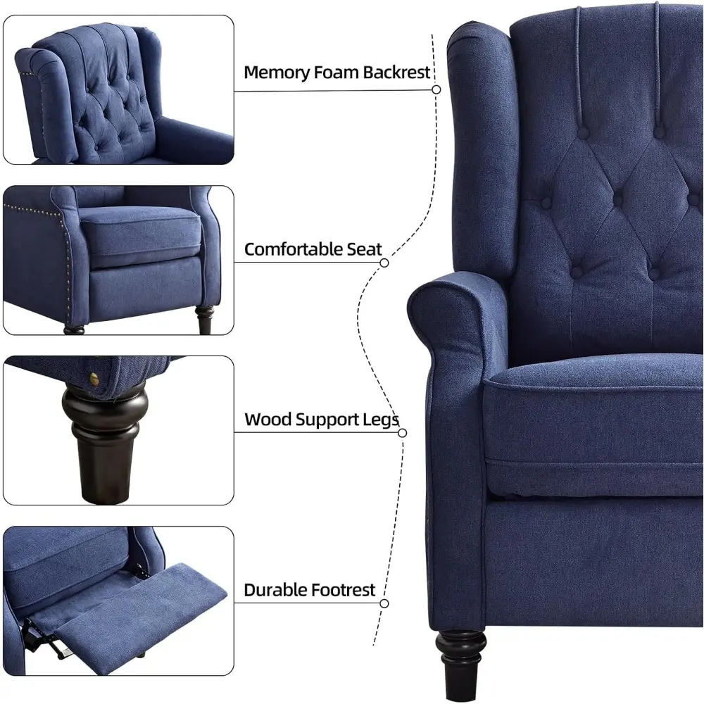 fabric upholstered pushback recliner chair with rivet detail, ideal for living room accent seating