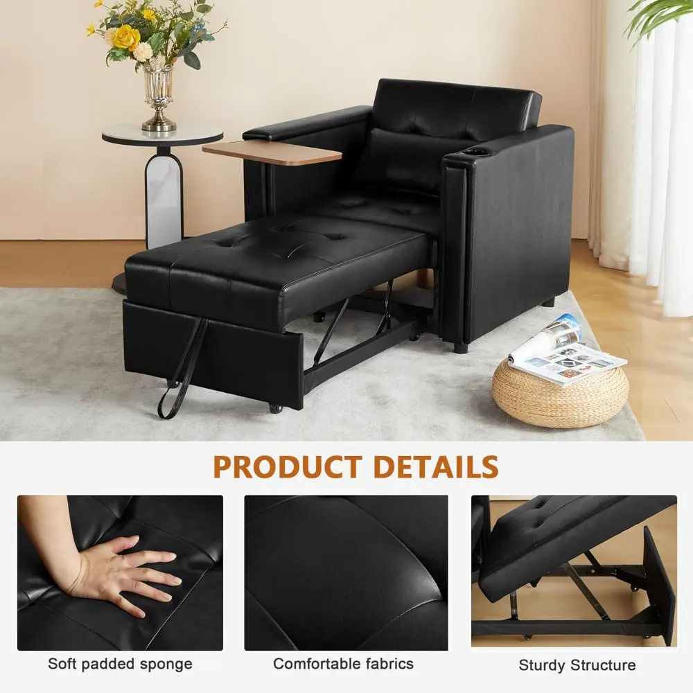 multi-functional faux leather sleeper sofa with adjustable backrest and pull-out couch bed