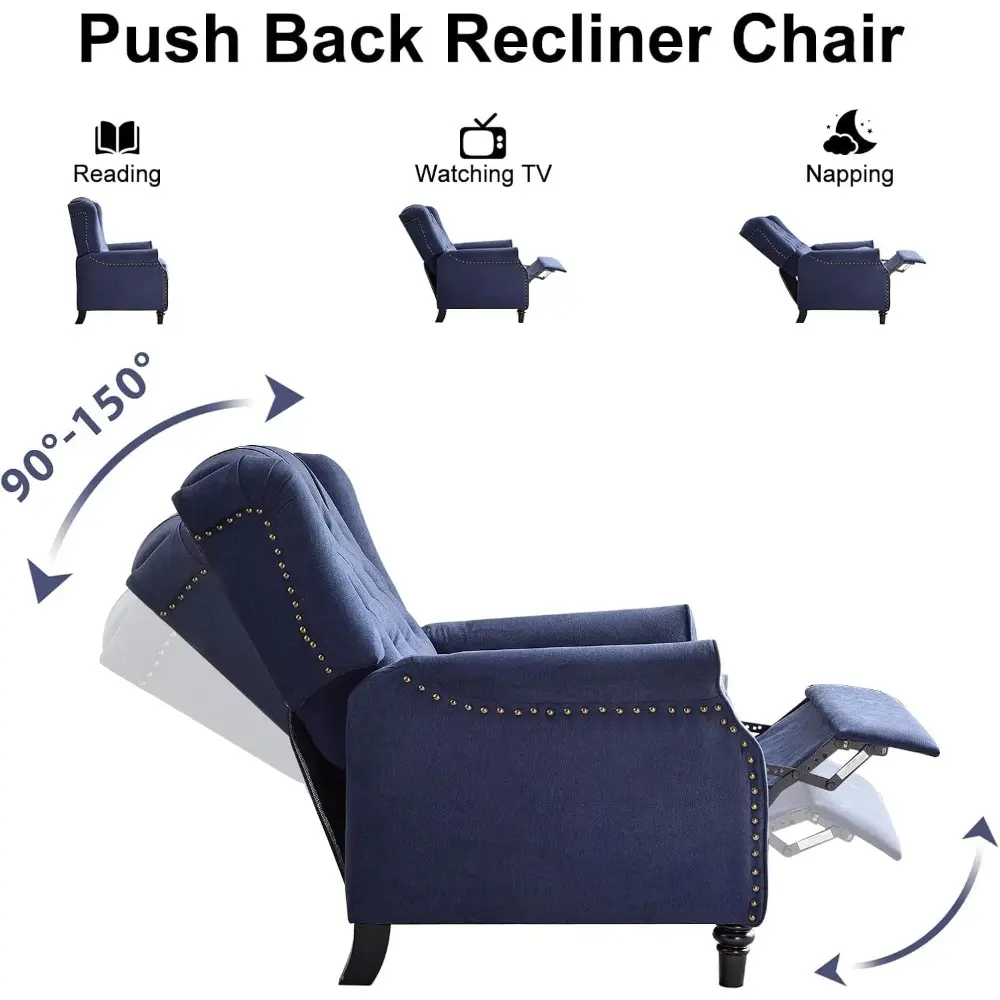 fabric upholstered pushback recliner chair with rivet detail, ideal for living room accent seating