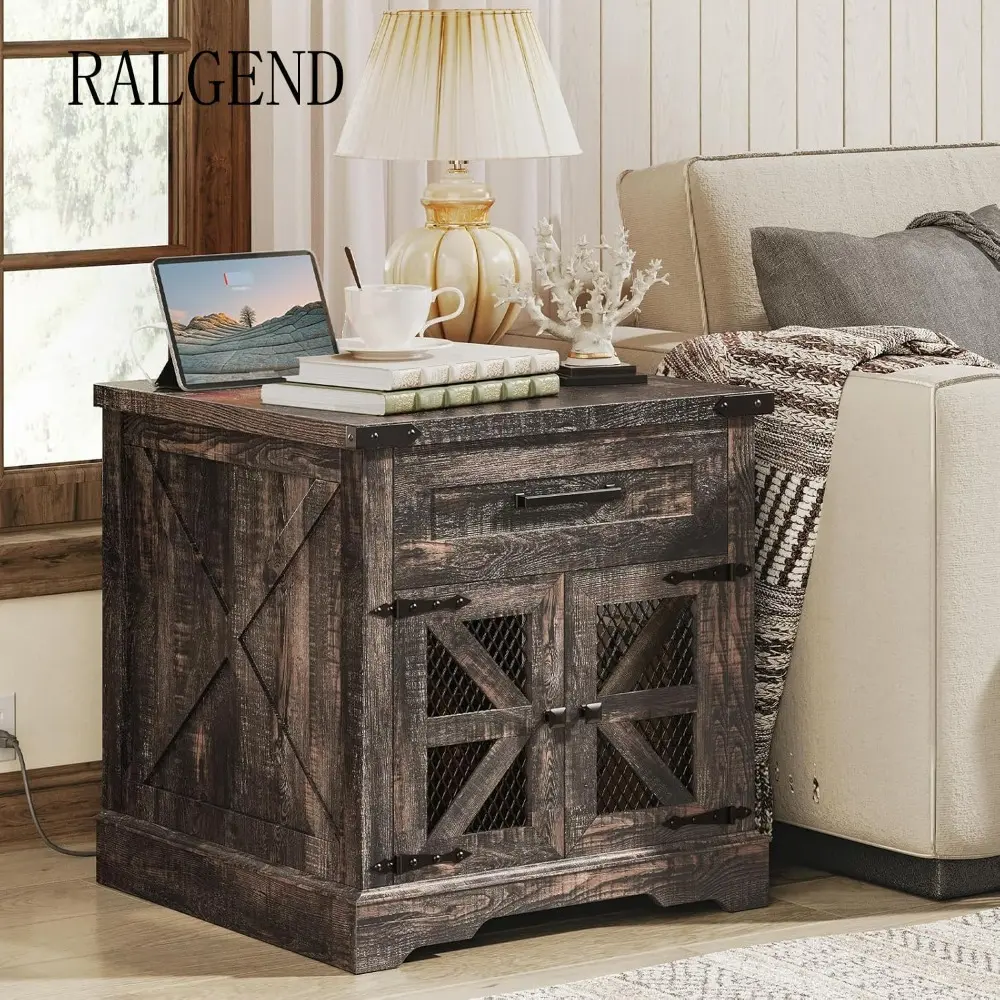 pair of rustic farmhouse side tables, 24" wide drawer sofa side table, spacious living room end table, wooden nightstand with ch