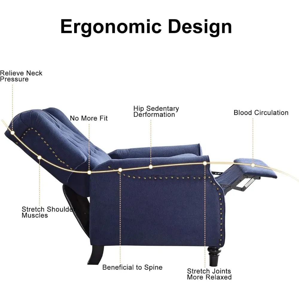 fabric upholstered pushback recliner chair with rivet detail, ideal for living room accent seating