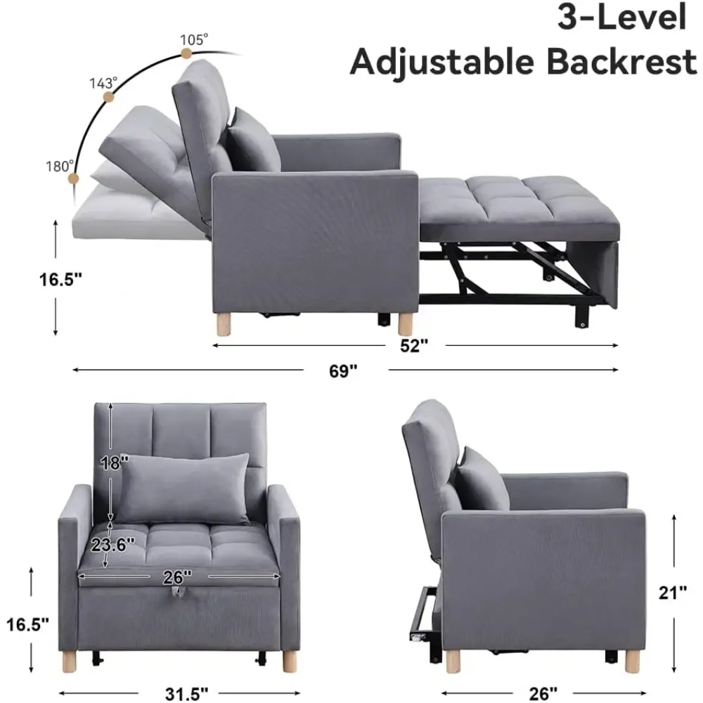 adjustable backrest convertible sofa bed with pillow for single use