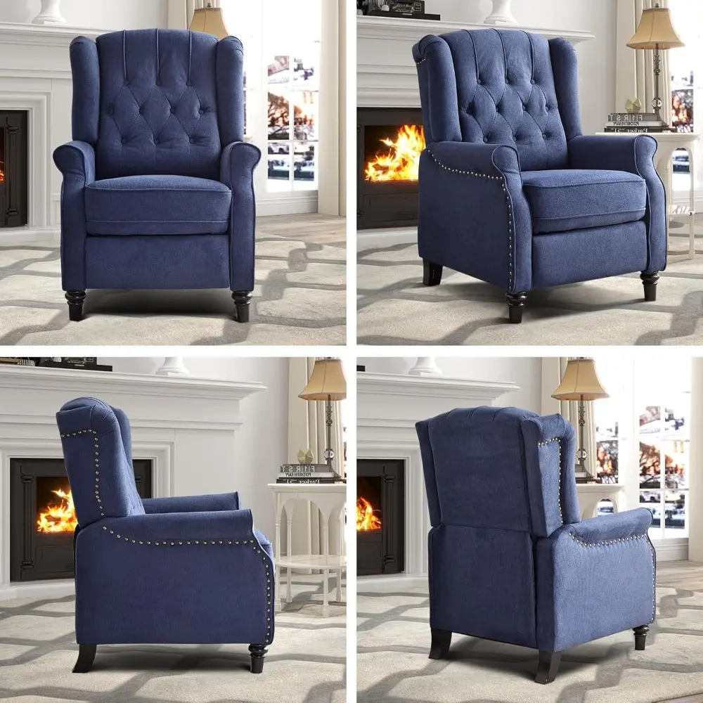 fabric upholstered pushback recliner chair with rivet detail, ideal for living room accent seating