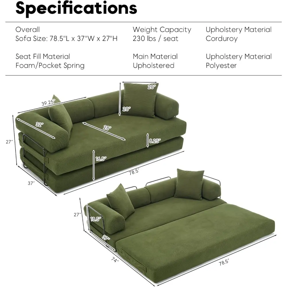 cylindrical pillow sofa bed, corduroy folding couch with fixed frame, floor lounge sofa