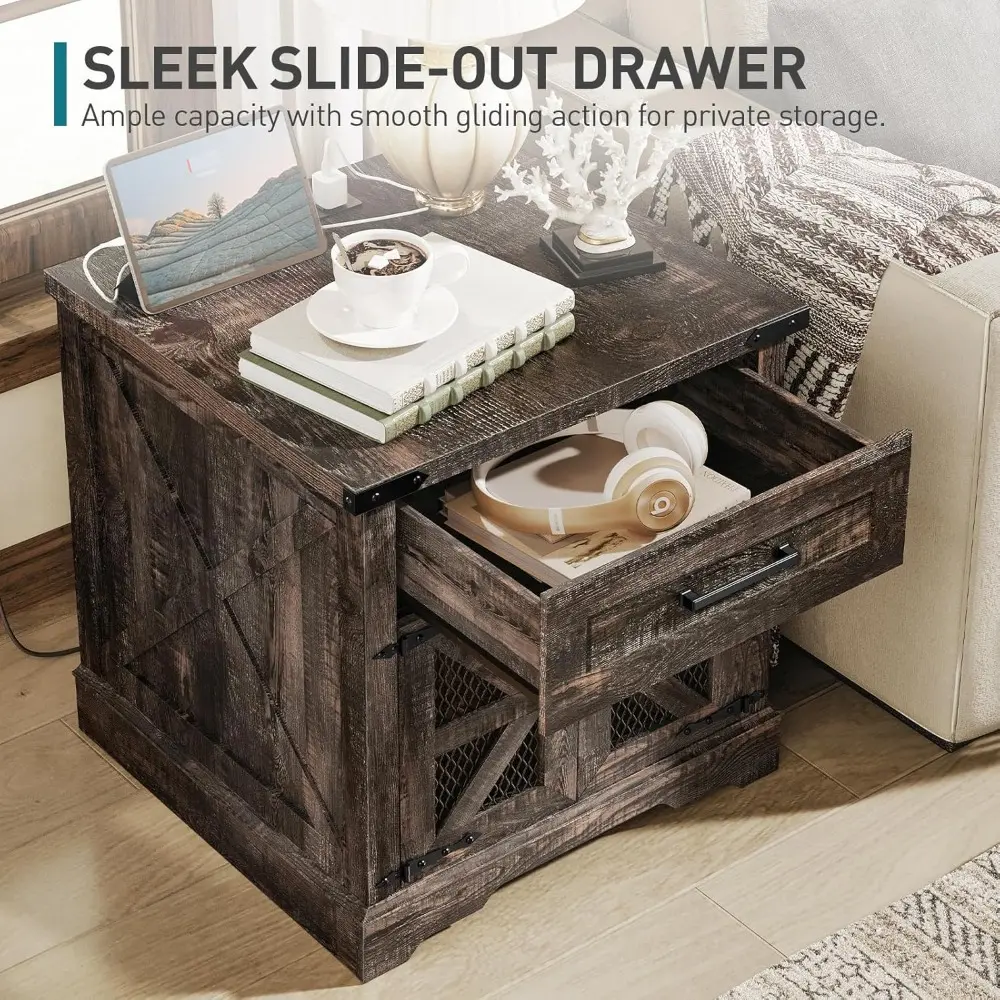 pair of rustic farmhouse side tables, 24" wide drawer sofa side table, spacious living room end table, wooden nightstand with ch