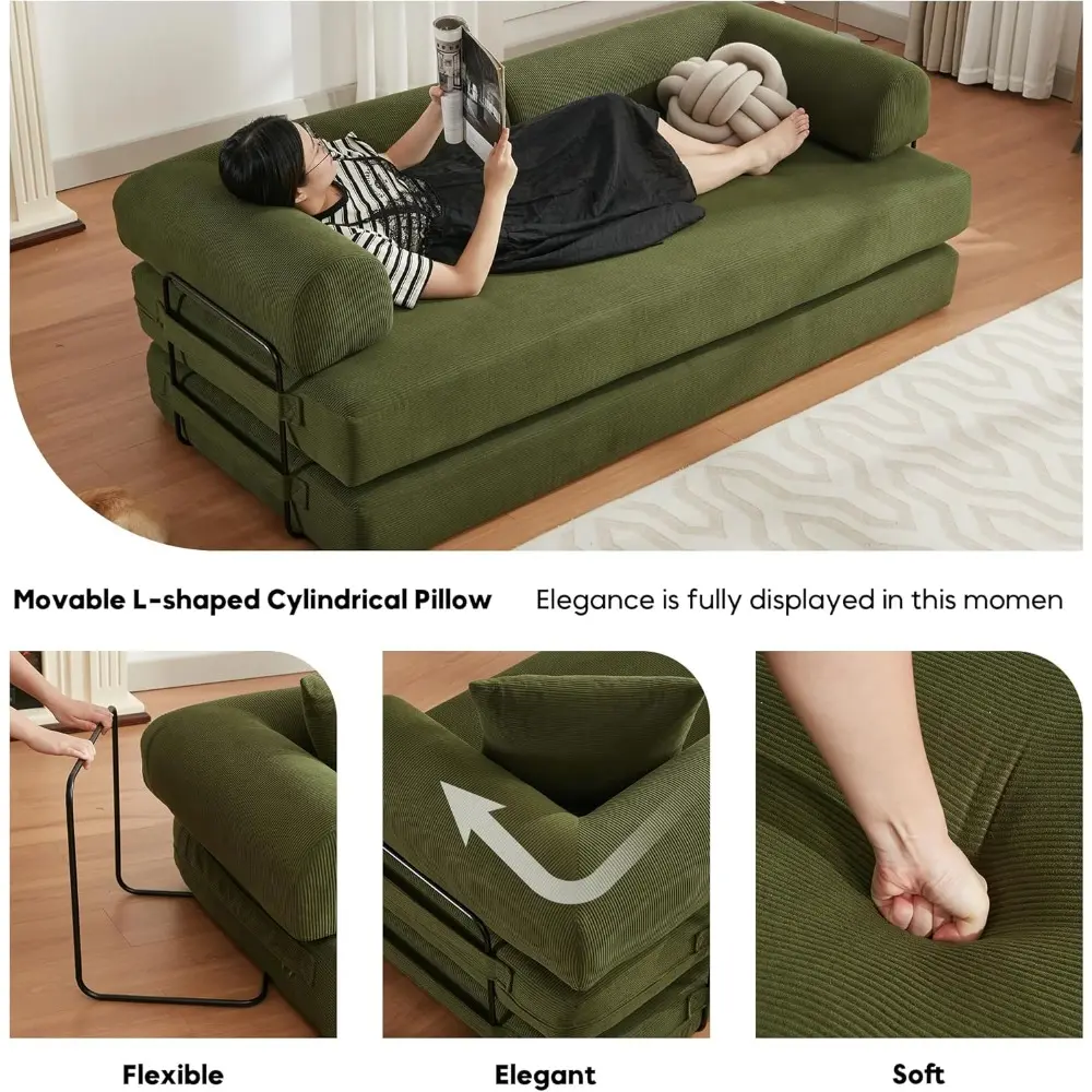 cylindrical pillow sofa bed, corduroy folding couch with fixed frame, floor lounge sofa