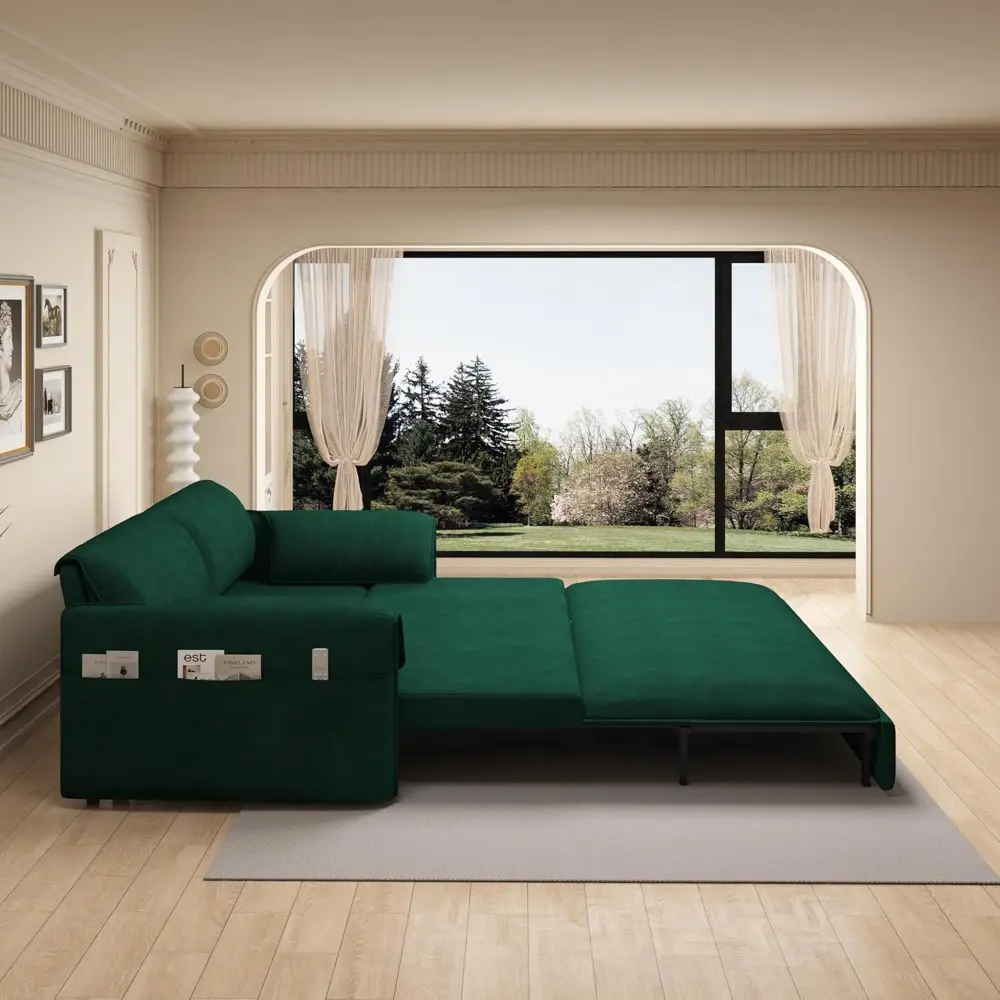 queen size 3-in-1 convertible futon sofa bed with pull out bed and side pocket, modern velvet couch