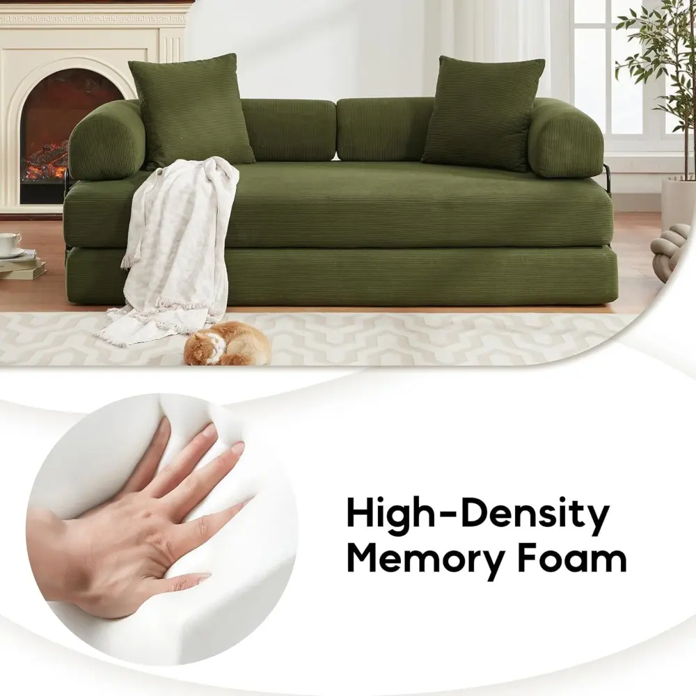 cylindrical pillow sofa bed, corduroy folding couch with fixed frame, floor lounge sofa