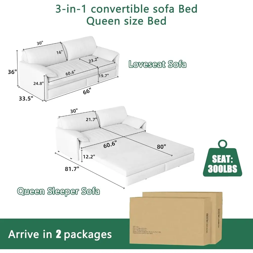 queen size 3-in-1 convertible futon sofa bed with pull out bed and side pocket, modern velvet couch