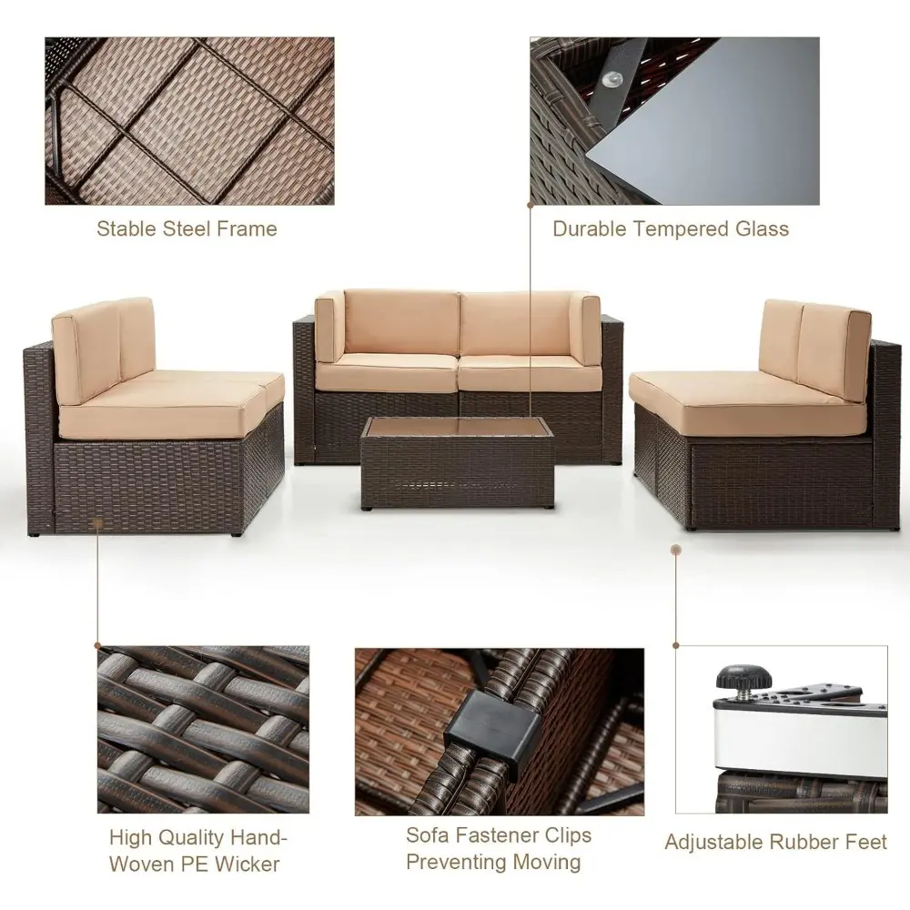 7-piece outdoor patio furniture set with pe rattan wicker sofa and sectional chair set, including cushions and table