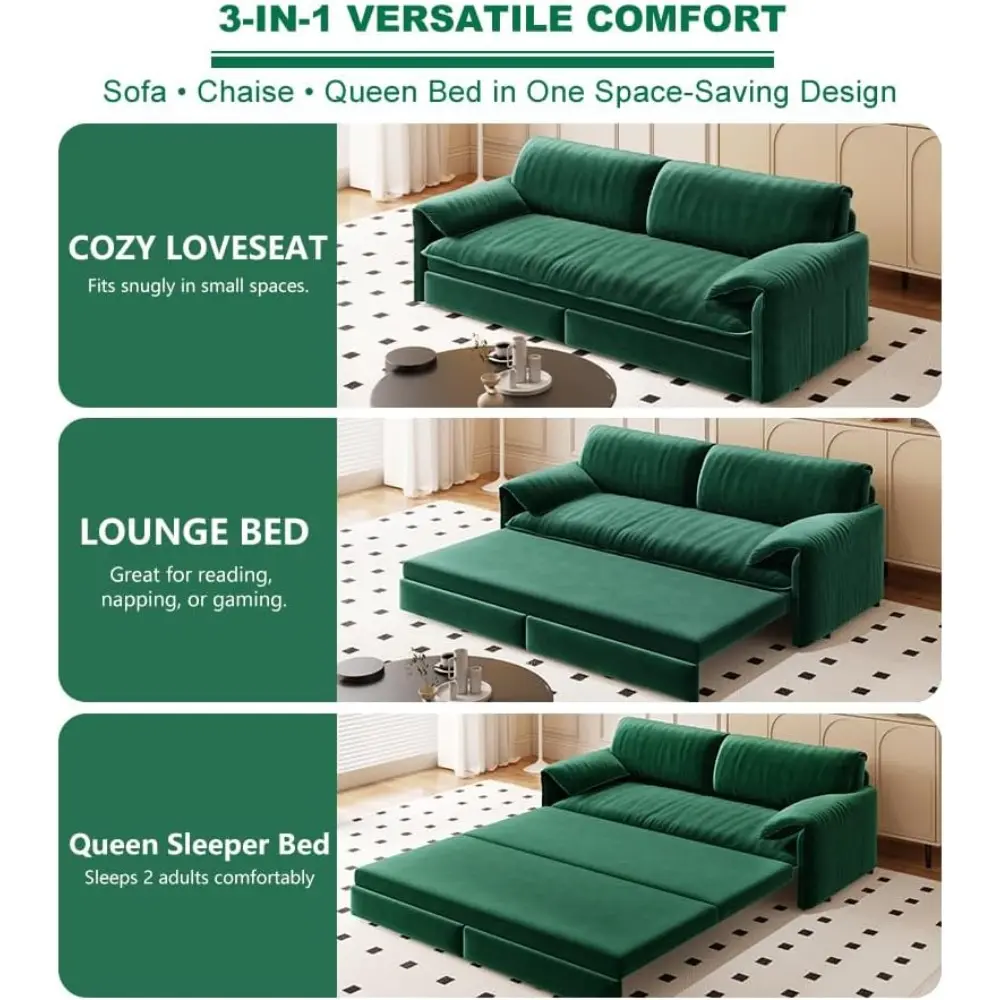 queen size 3-in-1 convertible futon sofa bed with pull out bed and side pocket, modern velvet couch