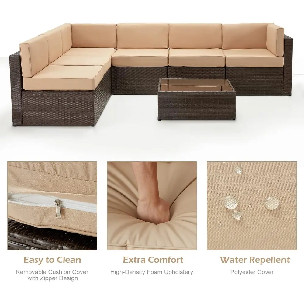 7-piece outdoor patio furniture set with pe rattan wicker sofa and sectional chair set, including cushions and table