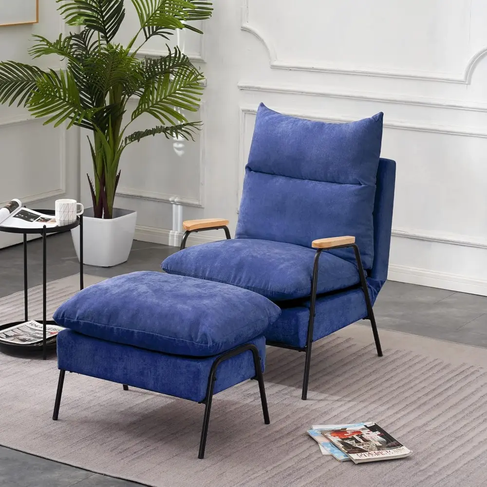 upholstered accent recliner chair with ottoman, modern fabric armchair, sofa bed for living room and bedroom, ideal for small sp
