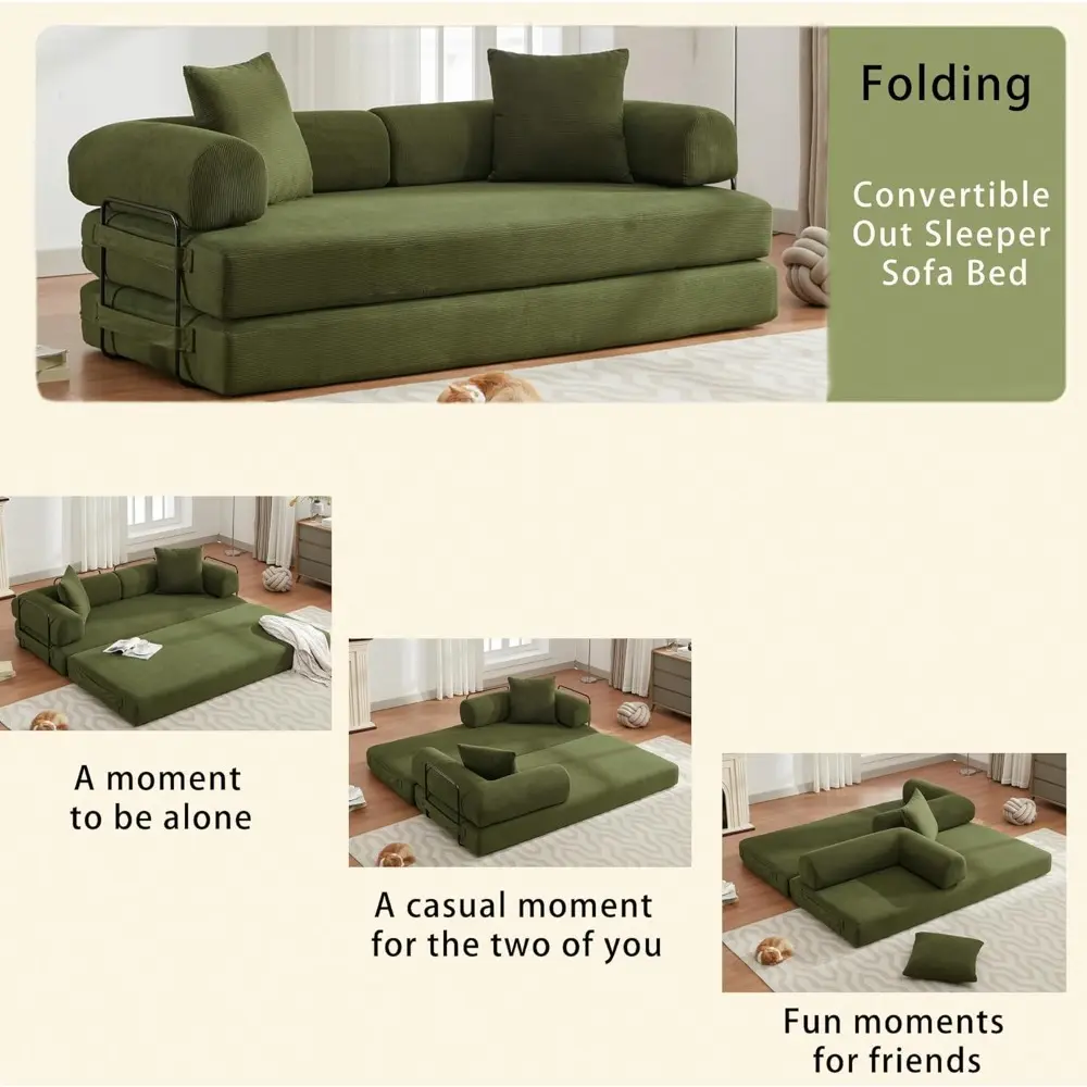 cylindrical pillow sofa bed, corduroy folding couch with fixed frame, floor lounge sofa