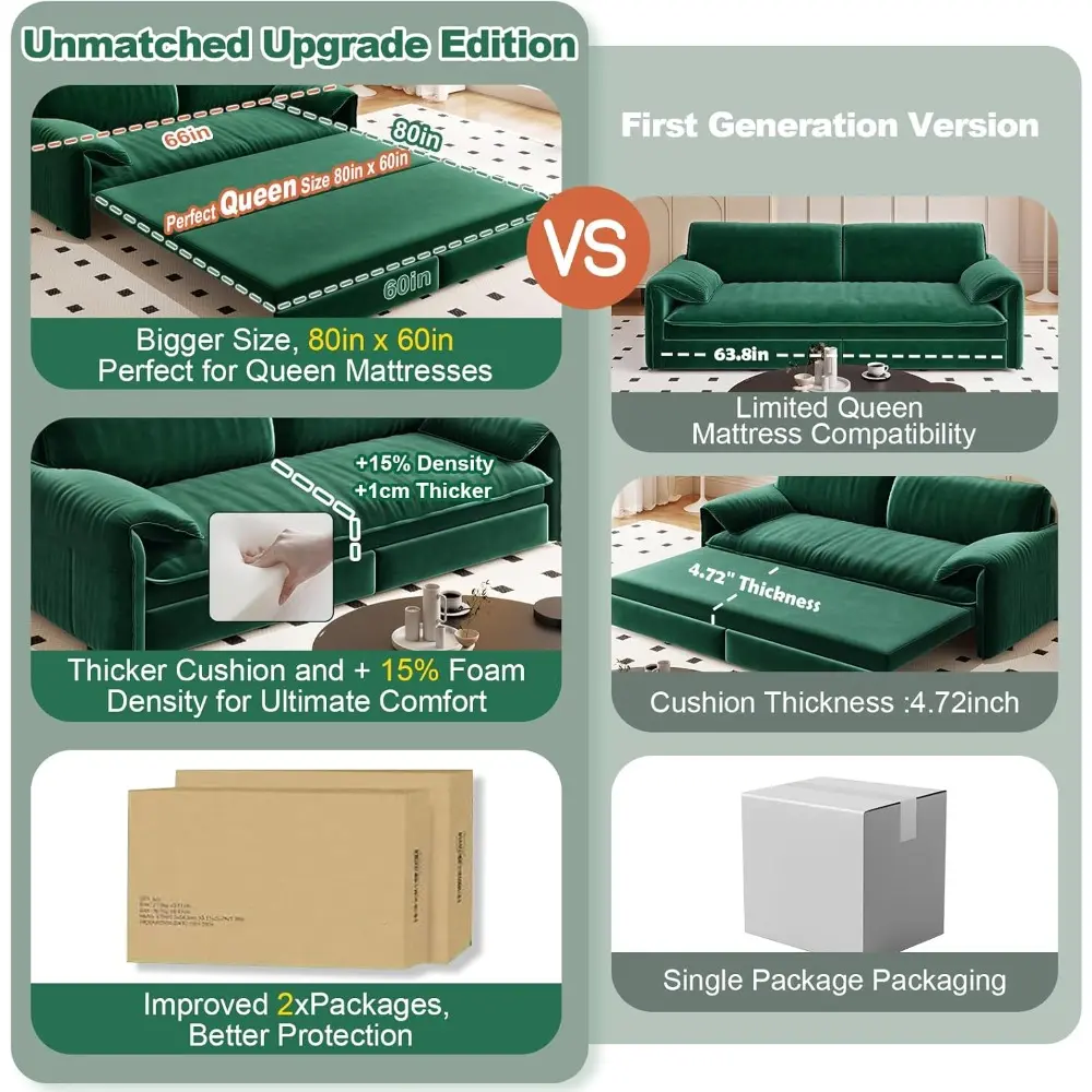 queen size 3-in-1 convertible futon sofa bed with pull out bed and side pocket, modern velvet couch