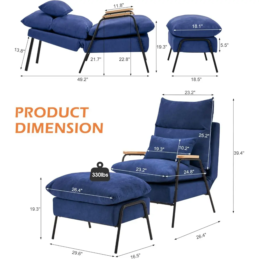 upholstered accent recliner chair with ottoman, modern fabric armchair, sofa bed for living room and bedroom, ideal for small sp