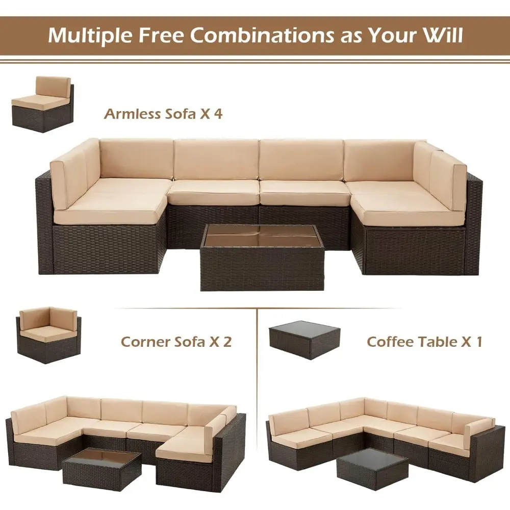 7-piece outdoor patio furniture set with pe rattan wicker sofa and sectional chair set, including cushions and table