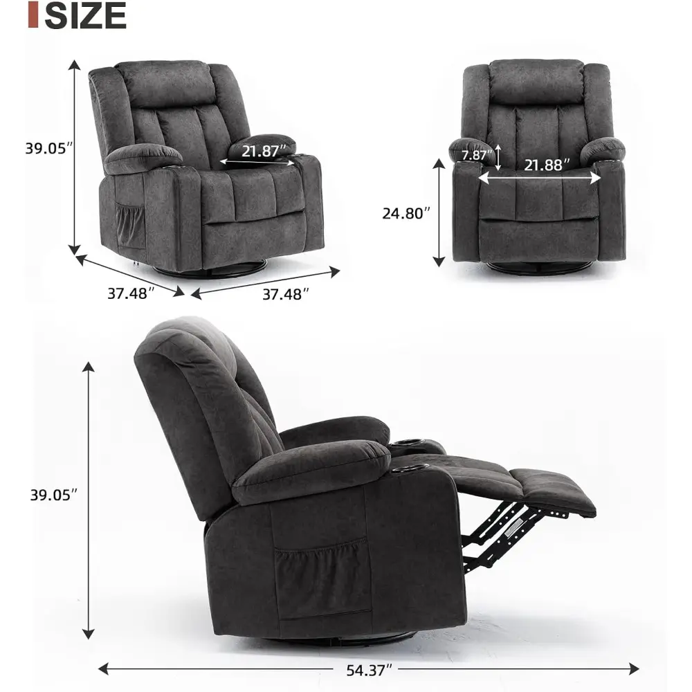 "360-degree swivel rocking recliner chairs with cup holders: upholstered fabric seating for adults"