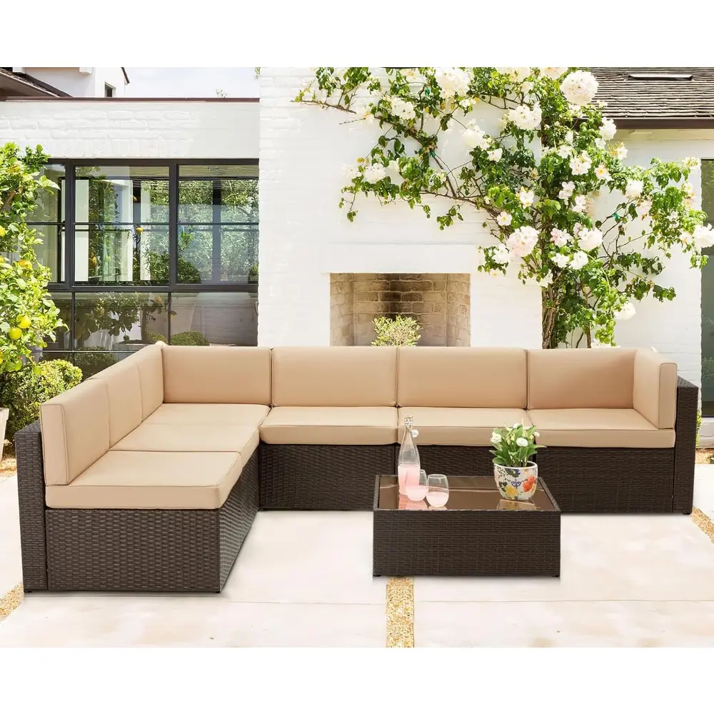 7-piece outdoor patio furniture set with pe rattan wicker sofa and sectional chair set, including cushions and table