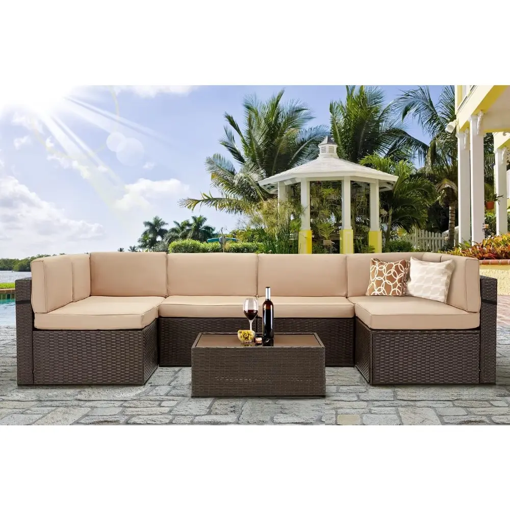 7-piece outdoor patio furniture set with pe rattan wicker sofa and sectional chair set, including cushions and table