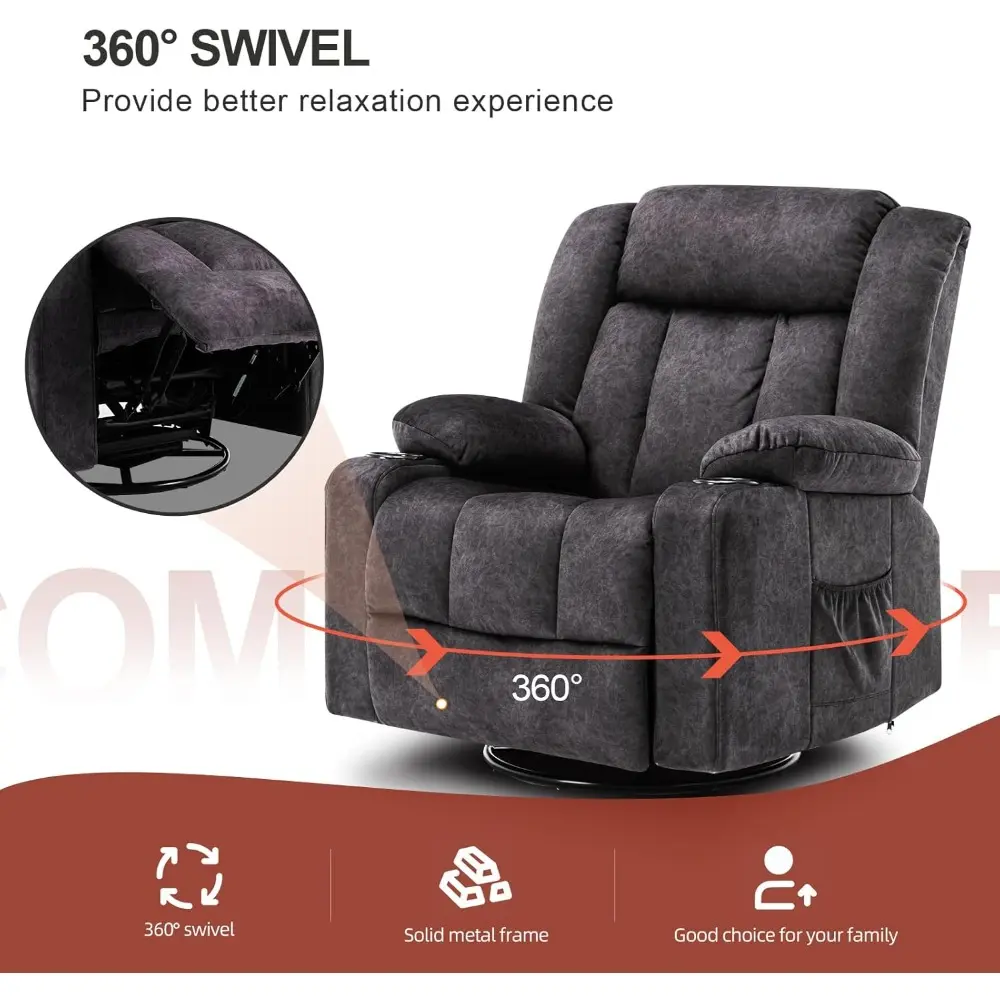 "360-degree swivel rocking recliner chairs with cup holders: upholstered fabric seating for adults"