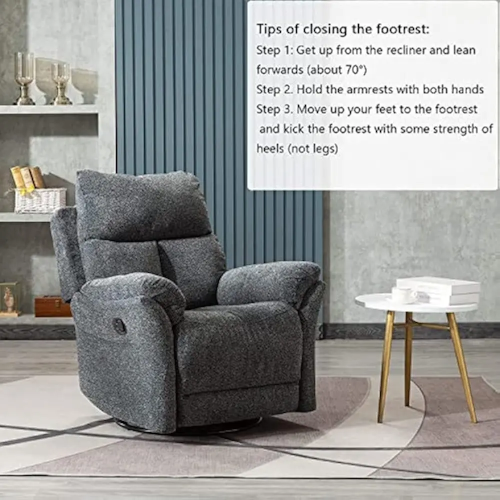 "swivel rocker recliner chair, fabric manual glider for nursery, modern rocking sofa for home theater seating"