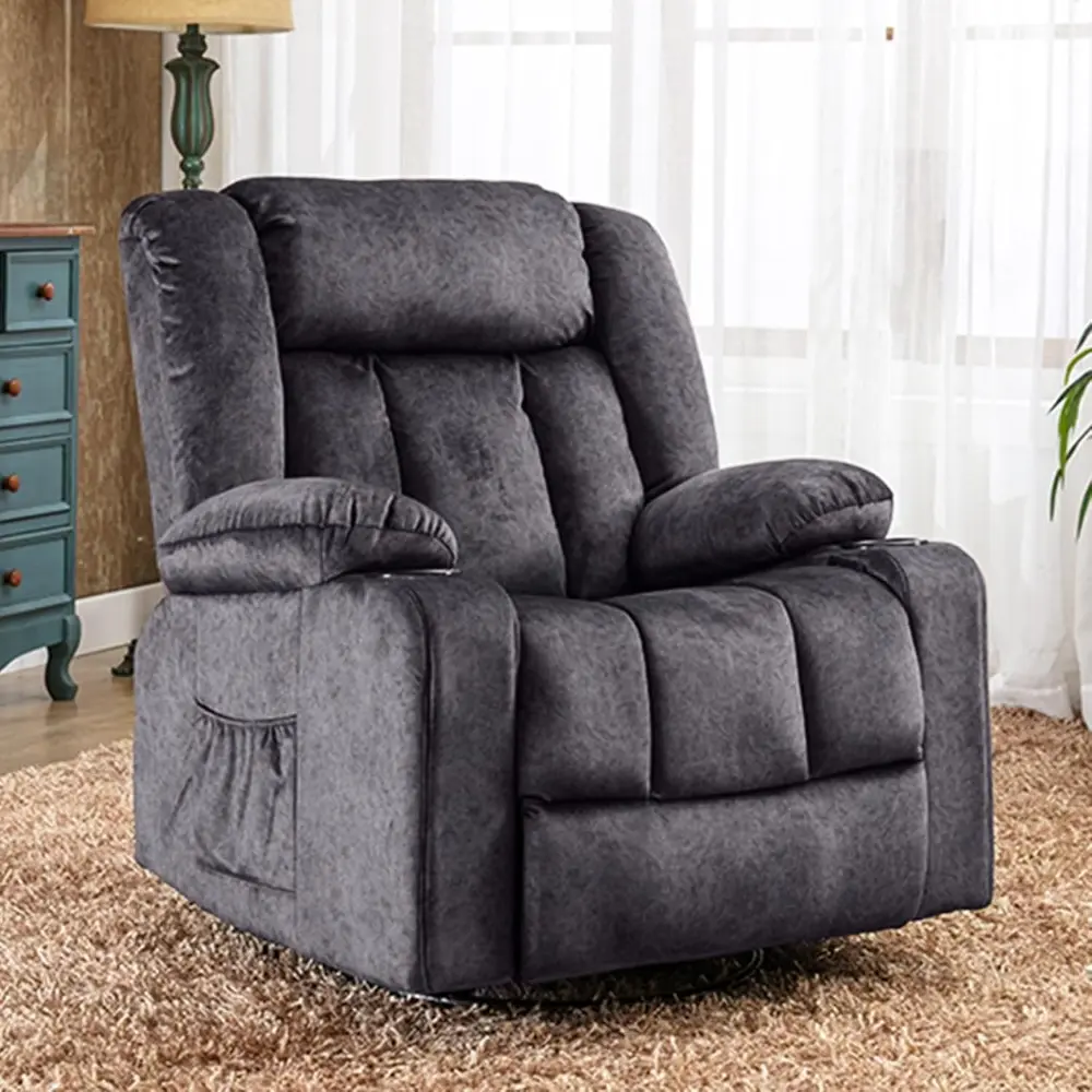 "360-degree swivel rocking recliner chairs with cup holders: upholstered fabric seating for adults"