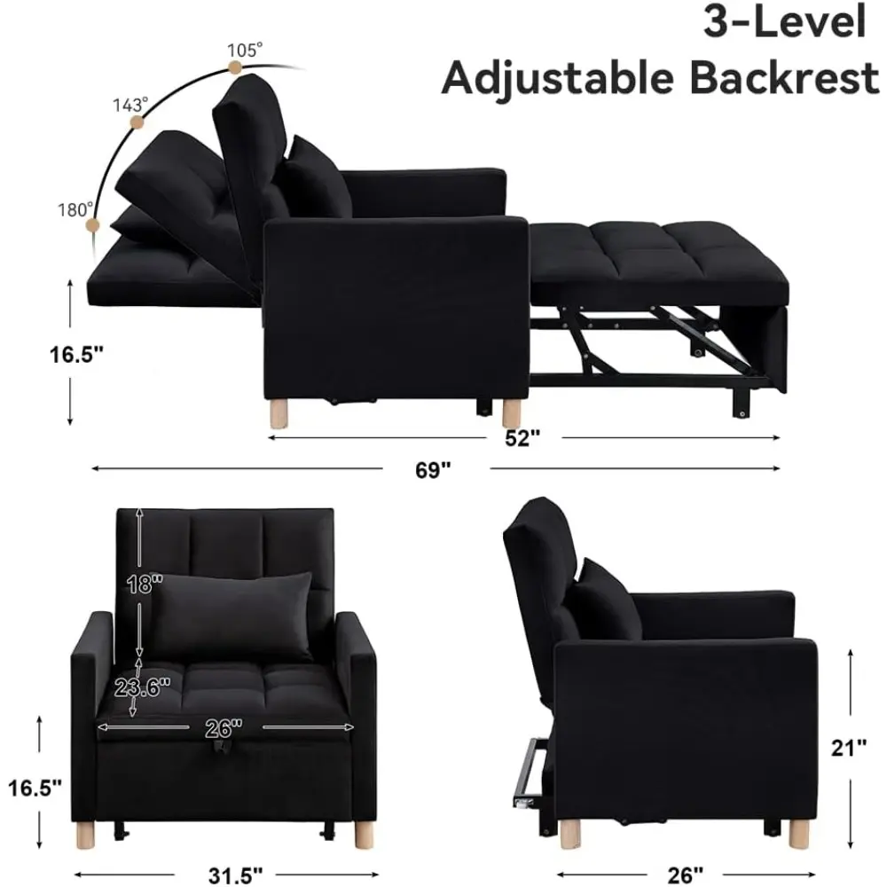 versatile sofa bed with pillow, extendable reclining sleeper, multi-purpose living room chair