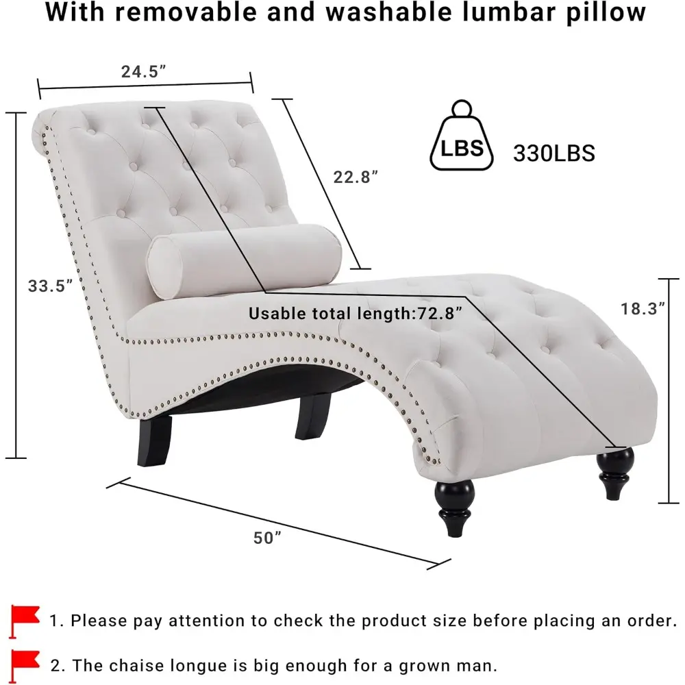 "indoor upholstered button tufted chaise lounge with solid wood legs and support pillow for bedroom and living room"