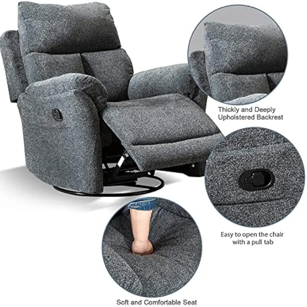 "swivel rocker recliner chair, fabric manual glider for nursery, modern rocking sofa for home theater seating"
