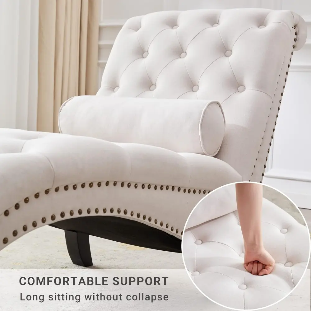"indoor upholstered button tufted chaise lounge with solid wood legs and support pillow for bedroom and living room"