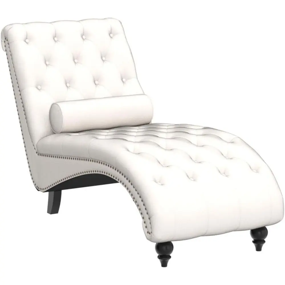 "indoor upholstered button tufted chaise lounge with solid wood legs and support pillow for bedroom and living room"