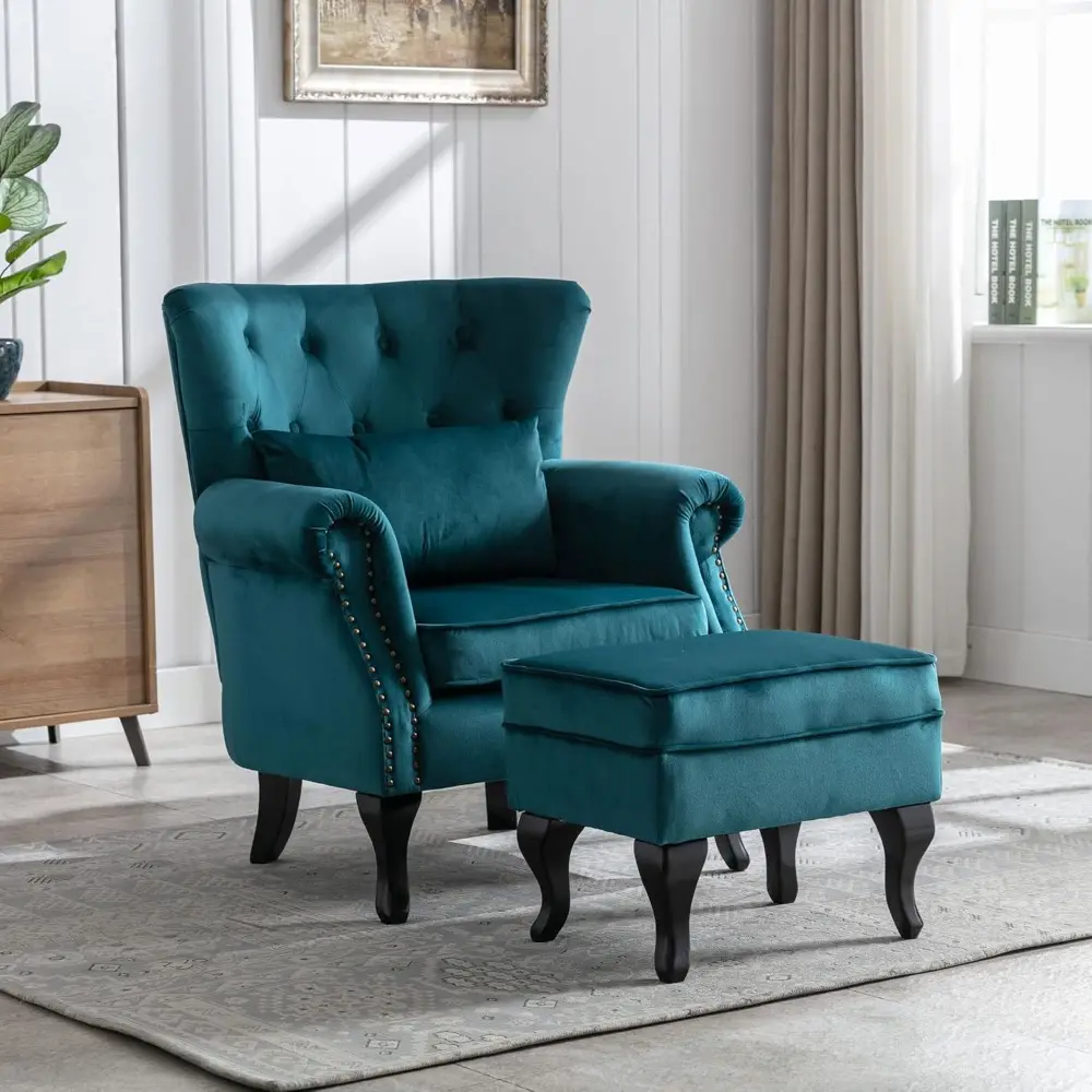 mid-century modern velvet wingback lounge chair with button-tufted accent and ottoman