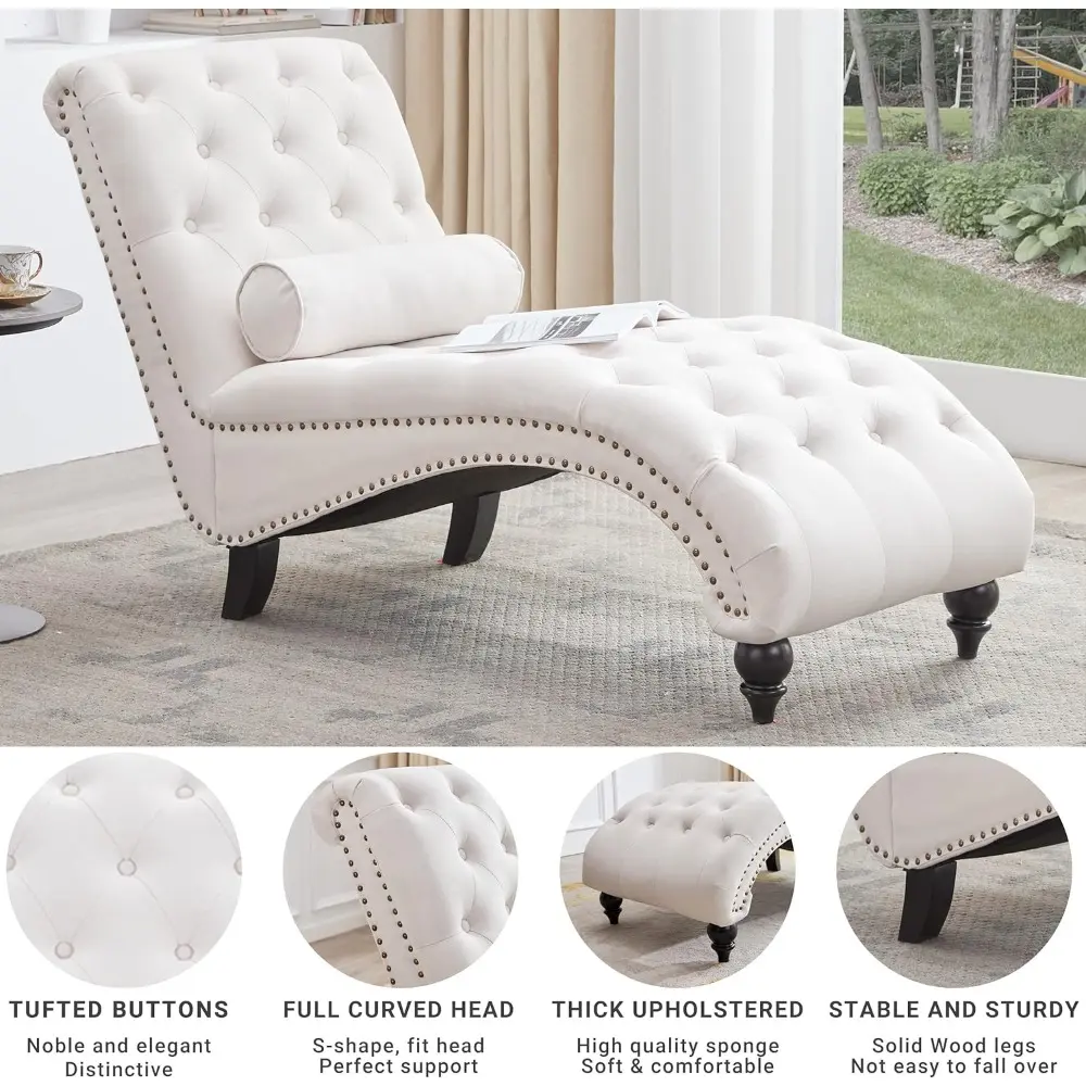 "indoor upholstered button tufted chaise lounge with solid wood legs and support pillow for bedroom and living room"