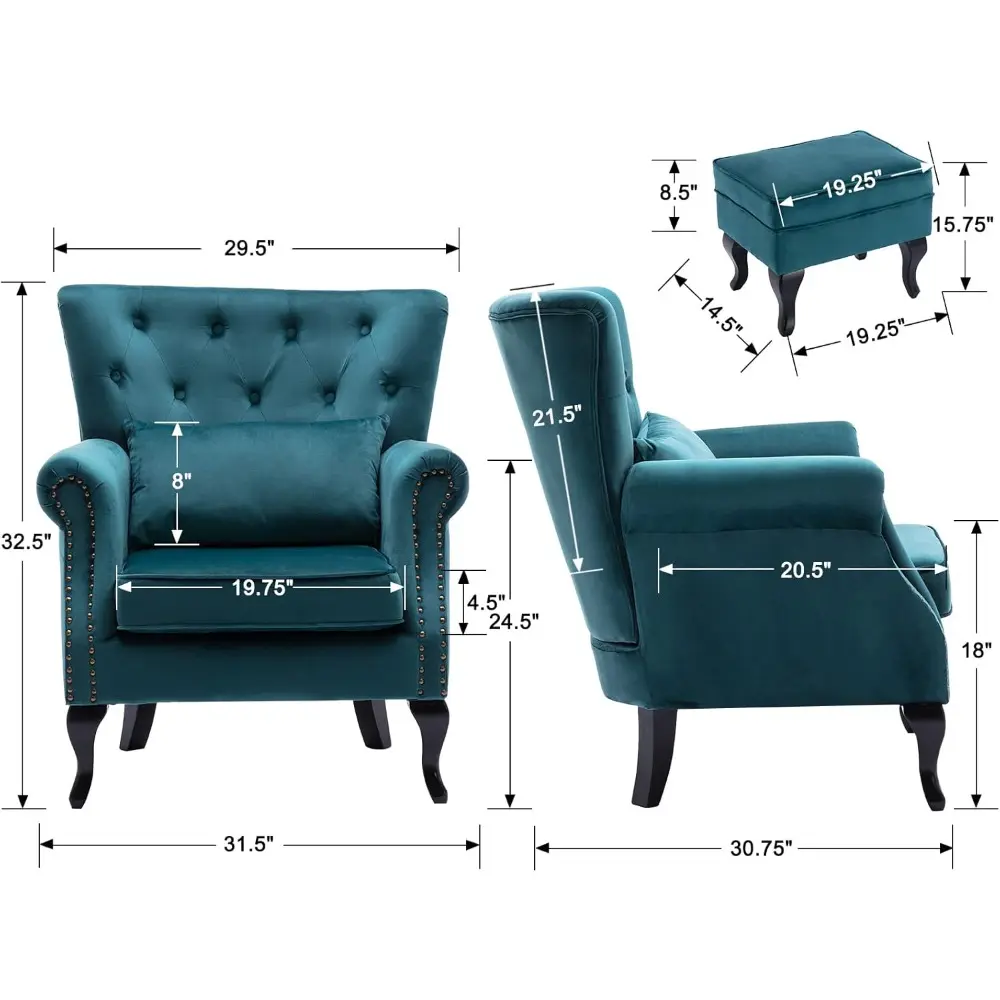 mid-century modern velvet wingback lounge chair with button-tufted accent and ottoman
