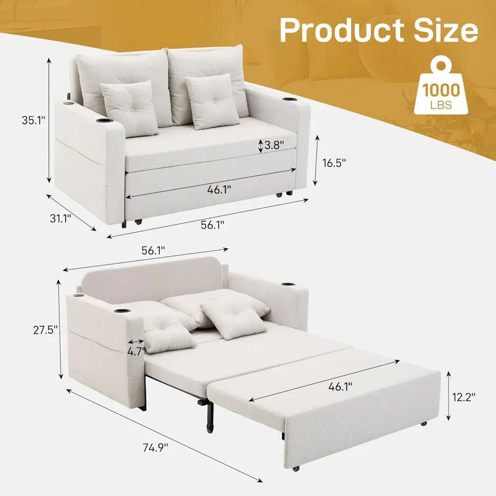full size 56" convertible sofa bed with storage pocket and usb port, comfortable pull-out loveseat sleeper couch