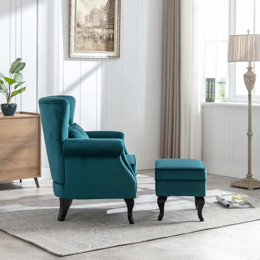 mid-century modern velvet wingback lounge chair with button-tufted accent and ottoman