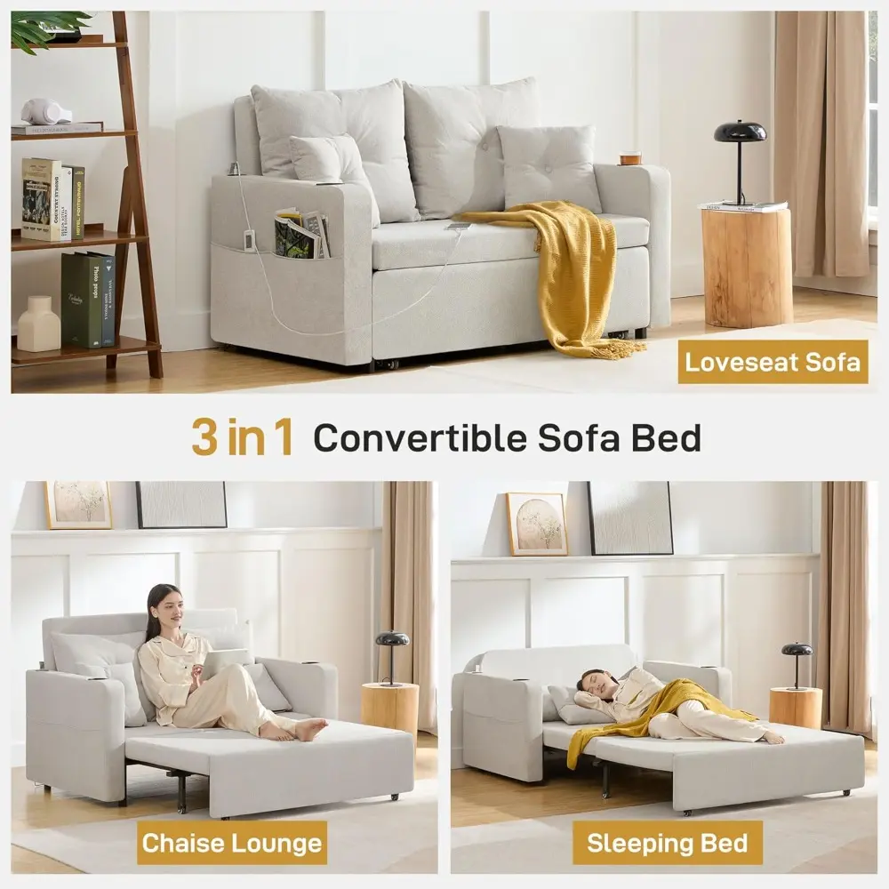 full size 56" convertible sofa bed with storage pocket and usb port, comfortable pull-out loveseat sleeper couch