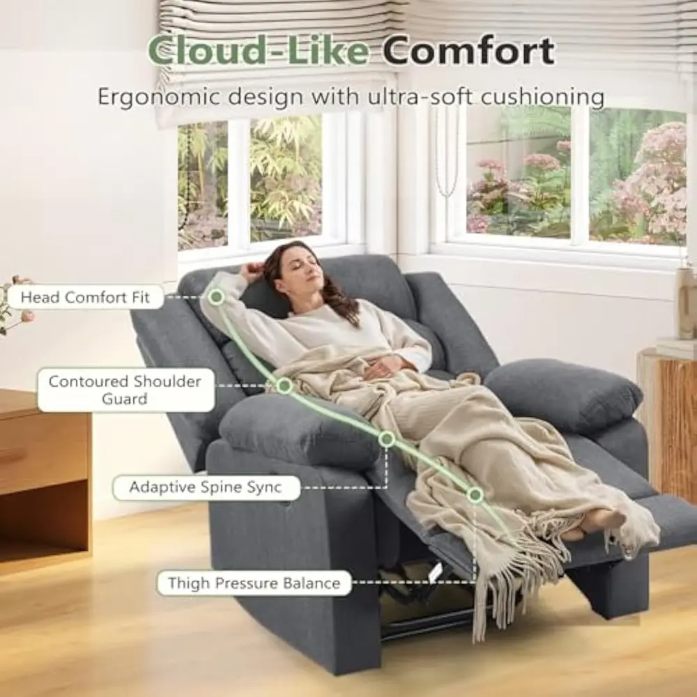 oversized comfortable grey fabric recliner chair for adults - living room sofa