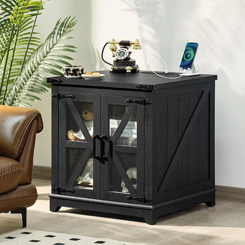 pair of farmhouse style end tables, 24-inch sofa side table with charging port, glass barn door accent, adjustable wood nightsta