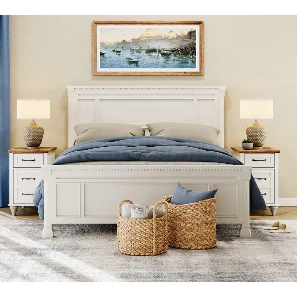 "2-piece white end table set with charging ports, wooden sofa side table with drawer and storage, contemporary nightstand"