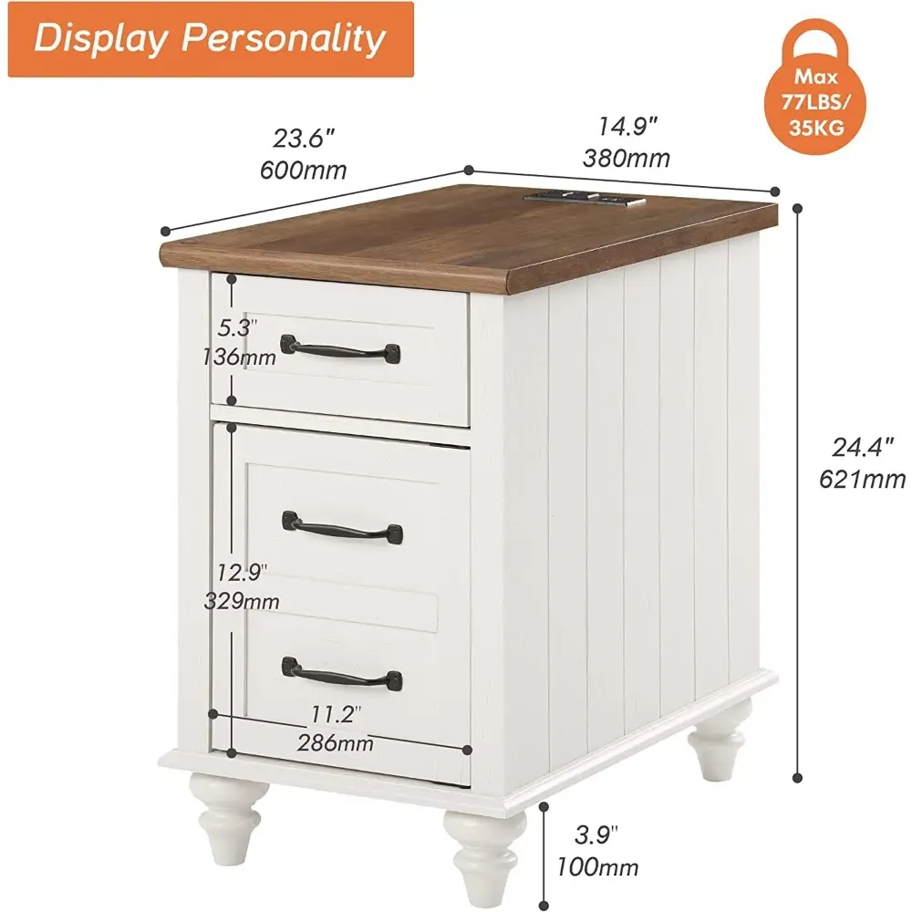 "2-piece white end table set with charging ports, wooden sofa side table with drawer and storage, contemporary nightstand"