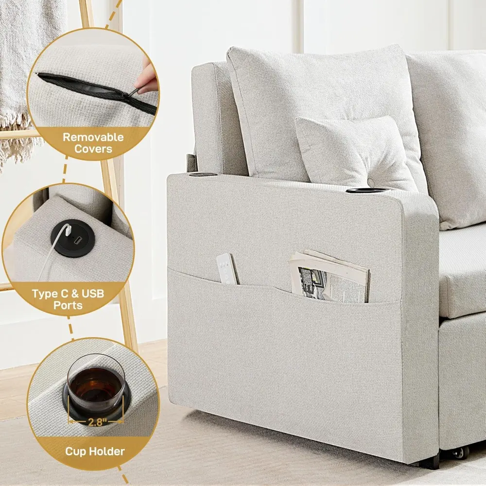 full size 56" convertible sofa bed with storage pocket and usb port, comfortable pull-out loveseat sleeper couch