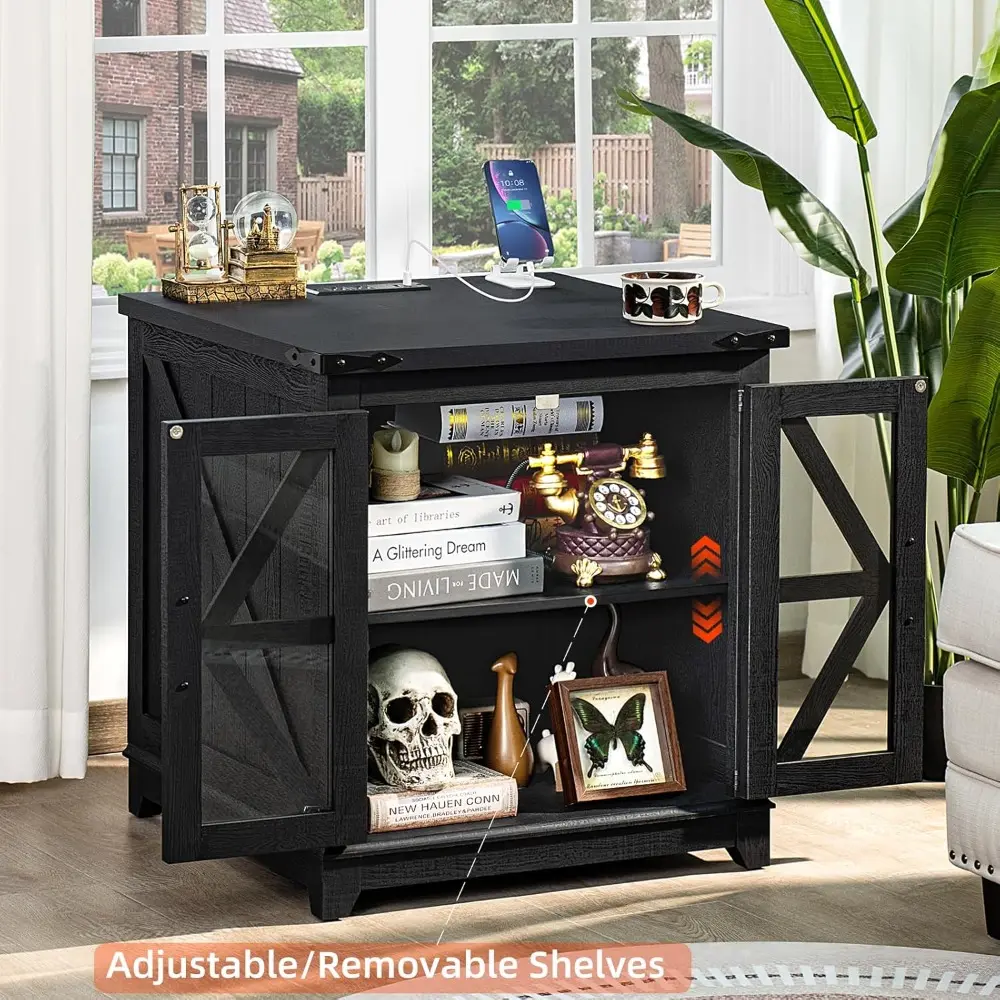 pair of farmhouse style end tables, 24-inch sofa side table with charging port, glass barn door accent, adjustable wood nightsta
