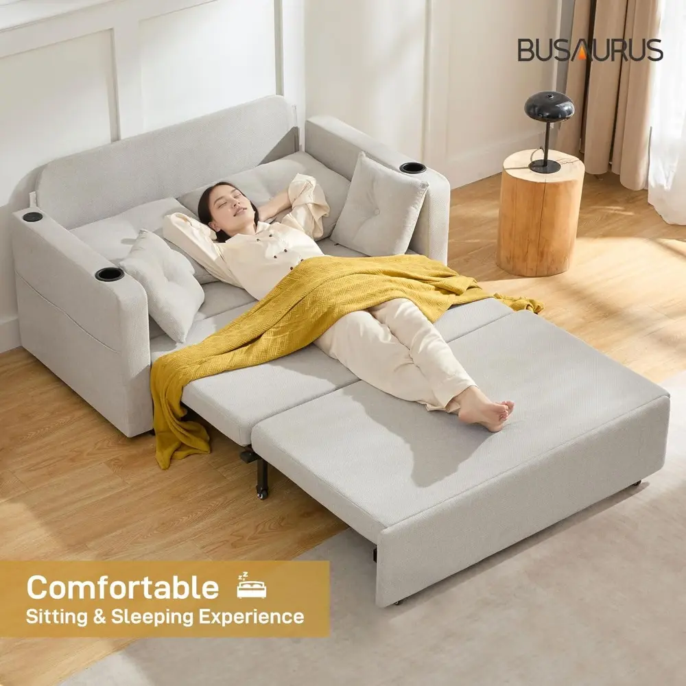 full size 56" convertible sofa bed with storage pocket and usb port, comfortable pull-out loveseat sleeper couch