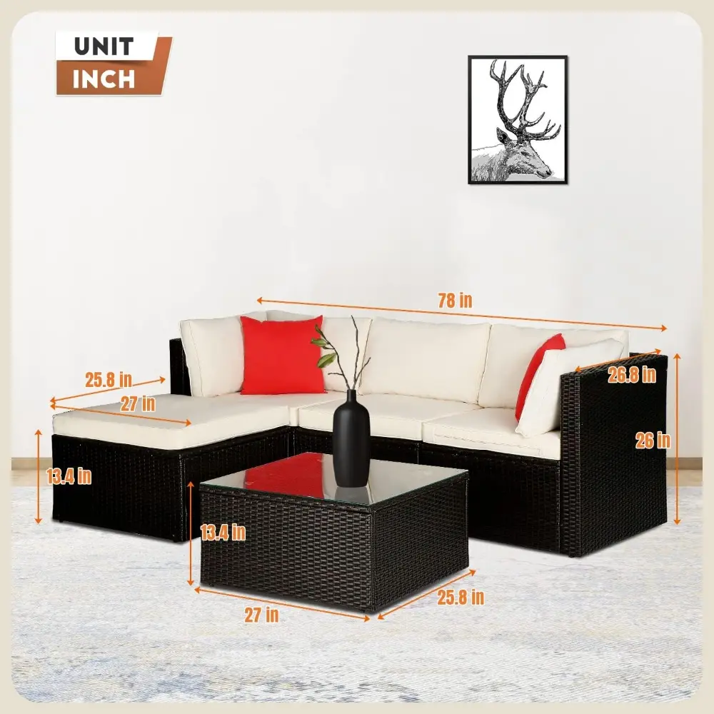 outdoor patio furniture set: 5-piece wicker sectional sofa with red pillows for conversation area